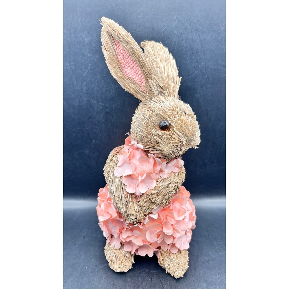 Natural Sisal Straw Easter Bunny Figurine‎ Pink Floral Dress 10" Rustic Decor